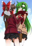 Rating: s Tags: Female, Fanart, Long Hair, Brown Hair, Green Hair, Touhou, Hakurei Reimu, Bows (Fashion), Two Girls, Kochiya Sanae, Hair Ornament, Duo, Frog Clip, Hair Tubes, Pixiv Id 3875963