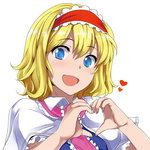 Rating: s Tags: Female, Fanart, Short Hair, Happy, Blonde Hair, Touhou, Alice Margatroid, Heart, White Background, Pixiv, Solo, Heart Gesture, Simple Background, K2isu, Fanart From Pixiv, Looking At Camera, 1:1 Ratio