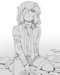 Rating: s Tags: Male, Fanart, Sitting, Shirt, Bandages, Pants, Pixiv, Solo, Text, Mizuhara Aki, Japanese Text, Bandage Over One Eye, Bent Knees, Fanart From Pixiv, Closed Mouth, Danball Senki Wars, Hikaru Hoshihara