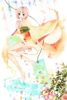 Rating: s Tags: Female, Flower, Kimono, Water, Green Eyes, Short Hair, Pink Hair, Barefoot, Original, Pixiv, Traditional Clothes, Solo, Japanese Clothes, Smile, Mutou Shino