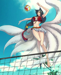 Rating: q Tags: Female, Ecchi, Long Hair, Black Hair, Volleyball, Kitsunemimi, League of Legends, Pixiv Id 1078848, Ahri, Ninetails Youkai, Jump