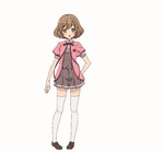 Rating: s Tags: Female, Brown Hair, Brown Eyes, Uniform, Ribbon, Shoes, Headband, Zettai Ryouiki, White Background, Solo, Thigh Highs, School Uniform, Standing, Hand On Hip, Bangs, Simple Background, Official Art, Short Sleeves, Loafers, White Legwear, Full Body, Cover Image, Sora no Method, Studio 3Hz, Akiya Yukie, Mizusaka Yuzuki