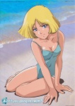 Rating: s Tags: Female, Beach, Swim Suit, Sitting, Sunrise (Studio), Scan, Mobile Suit Gundam - Universal Century, Smile, Official Art, Yoshikazu Yasuhiko, Sayla Mass, Tsukasa Dokite