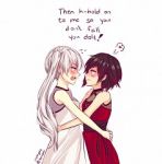 Rating: s Tags: Female, Couple, Dress, Red Dress, White Dress, Long Hair, Black Hair, Short Hair, Blush, White Hair, Red Hair, Hug, Dancing, Red Outfit, White Outfit, Yuri, White Background, Multi-colored Hair, Text, Simple Background, Holding Close, English Text, Rooster Teeth, RWBY, Ruby Rose, Weiss Schnee, Nobyas