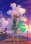 Rating: s Tags: Female, Glasses, Dress, Long Hair, Brown Hair, Clouds, Hat, Belt, Wind, Sky, Boat, Pixiv, Standing, Hand On Head, Floating Hair, Ye Lan Su, Flowing Dress, Pigeon Toed