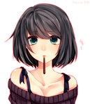 Rating: q Tags: Female, Ecchi, Black Hair, Green Eyes, Short Hair, Blush, Pocky, Sweets, White Background, Original, Mouth Hold, Pixiv, Solo, Simple Background, Wakatsuki You, Cleavage, Half Body