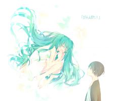 Rating: s Tags: Female, Twin Tails, Dress, White Dress, Hatsune Miku, Long Hair, Black Hair, Short Hair, Vocaloid, Eyes Closed, White Outfit, Barefoot, Floating, Summer Dress, Teal Hair, Pixiv, Alternate Outfit, Duo, Text, Smile, Looking Up, ^ ^, Japanese Text, Cheering, Pixiv Id 1261986