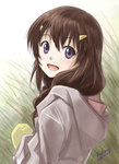 Rating: s Tags: Female, Fanart, Long Hair, Brown Hair, Purple Eyes, Gloves, Happy, Braids, Open Mouth, Pixiv, Hair Clip, Solo, Text, Non Non Biyori, Text: Mangaka Name, Fanart From Pixiv, Looking At Camera, Kem Kem, Text: Calendar Date, Hood Down, Fujimiya Konomi