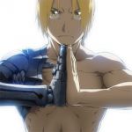 Rating: s Tags: Male, Blonde Hair, Fullmetal Alchemist, Mecha, Gold Eyes, Serious, Edward Elric, Muscles, Scar, Cyber, Solo, Shirtless (male), Standing, Official Art, Torse, Looking At Camera, Backlight