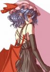 Rating: s Tags: Female, Fanart, Dress, Wings, Black Dress, Blue Hair, Red Eyes, Short Hair, Gloves, Hat, Touhou, Remilia Scarlet, Bat Wings, Bows (Fashion), Black Outfit, Tongue, Pixiv, Alternate Outfit, Solo, Pointy Ears, Looking Back, Kuronekonero, Fanart From Pixiv, Opera Gloves, Behind Back