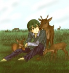 Rating: s Tags: Male, Fanart, Green Eyes, Green Hair, Animal, Wink, Sitting, Shirt, Socks, Pants, Deer, Pixiv, Inazuma Eleven, Solo, Smile, Bent Knees, Fanart From Pixiv, Closed Mouth, Momimomi, Nakatani Masashi