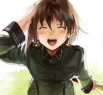 Rating: s Tags: Female, Fanart, Brown Hair, Short Hair, Uniform, Military Uniform, Eyes Closed, Musical Instrument, Pixiv, Hair Clip, Solo, So Ra No Wo To, Trumpet, Sorami Kanata, Saluting, Smile, ^ ^, Kabocha, Fanart From Pixiv