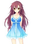 Rating: q Tags: Female, Ecchi, Dress, Long Hair, Ribbon, Purple Hair, Blue Ribbon, Blue Outfit, Gold Eyes, Ahoge, White Background, Hair Clip, Solo, Blue Dress, Frills, Bangs, Simple Background, Arms Behind Back, Collarbone, Official Art, Sleeveless, Short Dress, Sleeveless Dress, Closed Mouth, Looking At Camera, Expressionless, Soraishinya, Nounai Kanojo, Cover Image, Ren'ai Made Sentakushi Hitotsu, Hishikawa Karen