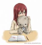 Rating: s Tags: Female, Long Hair, Blush, Red Hair, Sitting, White Background, FAIRY TAIL, Erza Scarlet, deviantART, Pens, Text, Simple Background, Looking To Side, Text: Character Name, Text: Mangaka Name, Cinzia, Plushed Toy