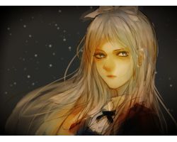 Rating: s Tags: Female, Long Hair, Snow, Blue Eyes, Ribbon, Blonde Hair, Axis Powers: Hetalia, Belarus, Hair Bow, Solo, Looking Away, Black Background, Simple Background, Straight Hair, Sumomo Kaze, Closed Mouth