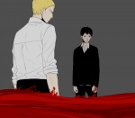 Rating: s Tags: Male, Fanart, Blood, Black Hair, Short Hair, Blonde Hair, Two Males, Pants, Duo, White Shirt, Character Request, Standing, Gray Background, Closed Mouth, Shingeki no Kyojin, Pixiv Id 1124294, Reiner Braun, Bertholdt Fubar