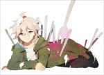 Rating: s Tags: Male, Fanart, Blood, White Hair, Coat, Laying Down, Shirt, Silver Eyes, Pants, Silverware, White Background, Pixiv, Solo, Smile, Simple Background, Open Clothes, Open Coat, Long Coat, Fanart From Pixiv, Closed Mouth, Pixiv Id 2640400, Nagito Komaeda, Dangan-ronpa 2