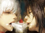 Rating: s Tags: Male, Blue Hair, Long Hair, Red Eyes, Strawberry, Short Hair, Food, Cake, Sweets, Two Males, Silver Eyes, Duo, No.6, Nezumi (No.6), Sion (No.6)