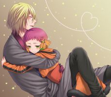 Rating: s Tags: Female, Male, Fanart, Hug, Pixiv, Peek-a-Boo Bang, Duo, Tukino Omame, Fanart From Pixiv, Aquarion Evol, Yunoha Thrul, Muso Jin