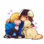 Rating: s Tags: Male, Fanart, Brown Hair, Animal, Blonde Hair, Eyes Closed, Beard, Chibi, Heart, Dog, Pixiv, Smile, Shio Kuzumochi, Tiger & Bunny, Kaburagi T. Kotetsu, Keith Goodman