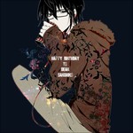 Rating: s Tags: Male, Fanart, Glasses, Black Hair, Drinks, Short Hair, Headphones, Blue Background, Pixiv, Solo, Hoodie, Text, Simple Background, PNG Conversion, Text: Happy Birthday, Fanart From Pixiv, 1:1 Ratio, K Project, Fushimi Saruhiko, MEOWKEY+