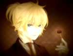Rating: s Tags: Male, Blue Eyes, Short Hair, Gloves, Chocolate, Food, Vocaloid, Blonde Hair, Sweets, Kagamine Len, Tie, Solo, Text, Smile, Looking At Camera, Mirada, English Text, Cara