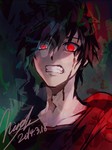 Rating: s Tags: Male, Blood, Black Hair, Red Eyes, Short Hair, Original, Teeth, Solo, Text, Aoshiki, PNG Conversion, Text: Mangaka Name, Twitter