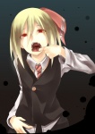 Rating: s Tags: Female, Red Eyes, Short Hair, Collar, Uniform, Ribbon, Blonde Hair, Touhou, Coat, Bows (Fashion), Shirt, Tie, Open Mouth, Rumia, ZUN, Hair Bow, Fangs, Solo, School Uniform, White Shirt, Long Sleeves, Buttons, Jimi (Artist)