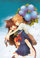 Rating: s Tags: Female, Flower, Long Hair, Brown Hair, Red Eyes, Short Hair, Uniform, Hug, Tail, Blonde Hair, Eyes Closed, Sky, Nekomimi, Carry, Two Girls, Kemonomimi, Open Mouth, Original, Pixiv, Piggyback, Duo, School Uniform, Straight Bangs, Bangs, ^ ^, Holding Close, Blue Sky, Kissai