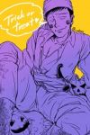 Rating: s Tags: Male, Fanart, Black Hair, Short Hair, Halloween, Cosplay, Sitting, Open Mouth, Grin, Teeth, Pixiv, Solo, Text, Smile, Bent Knees, Halloween Costume, Text: Mangaka Name, Fanart From Pixiv, Sitting on Floor, Text: Trick Or Treat, Mob Psycho 100, Pumpk, Ekubo