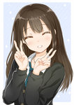 Rating: s Tags: Female, Fanart, Long Hair, Brown Hair, Eyes Closed, Beads, Jewelry, Tie, Striped, Necklace, Grin, Pixiv, Solo, Frame, Striped Print, V Gesture, Smile, Cardigan, Long Sleeves, ^ ^, White Border, Arudehido, Collar (Clothes), Fanart From Pixiv, Bead Necklace, THE iDOLM@STER: Cinderella Girls, Shibuya Rin, Double V, Striped Neckwear