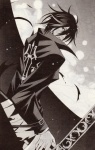 Rating: s Tags: Male, Monochrome, Night, Moon, Wind, Sword, Coat, Scan, Weapons, Ahoge, Solo, Looking Back, Number, Kawori Tsubaki (Mangaka), Tekirai, Looking At Camera