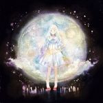 Rating: s Tags: Female, Dress, White Dress, Blue Eyes, Planet, White Hair, White Outfit, Original, Traditional Media, Watercolor, Smile, Black Background, Looking At Camera, Chaussures Rouges, Sorakarasu