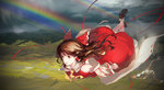 Rating: s Tags: Female, Fanart, Long Hair, Brown Hair, Brown Eyes, Clouds, Ribbon, Skirt, Shoes, Wind, Touhou, Hakurei Reimu, Sky, Bows (Fashion), Shirt, Red Outfit, Socks, Mountains, Flying, Open Mouth, Scenery, Outdoors, Sparkles, Rainbow, Pixiv, Detached Sleeves, Paper, Solo, Hair Ornament, Red Ribbon, Gohei, Shide, Long Sleeves, Wide Sleeves, Jq, Long Skirt, Sleeveless, Red Shirt, Red Bow, Looking To Side, Fanart From Pixiv, White Legwear, Sleeveless Shirt, Gray Sky, Flowing Hair, Full Body, Hair Tubes, Holding Object, Brown Footwear, Red Skirt, Yellow Neckwear