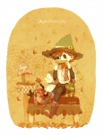 Rating: s Tags: Female, Male, Fanart, Brown Hair, Brown Eyes, Boots, Hat, Eyes Closed, Sitting, Leaves, Table, Musical Instrument, Lamp, Pixiv, Harmonica, Text, Smile, Moomin, Snufkin, Text: Series Name, Fanart From Pixiv, Tablecloth