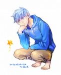 Rating: s Tags: Male, Blue Hair, Blue Eyes, Short Hair, White Background, Pixiv, Solo, Crouching, Simple Background, Star (Symbol), Bent Knees, Light Background, Pixiv Id 2054000, Hood Down, Jack Frost, Rise of the Guardians