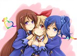 Rating: s Tags: Female, Fanart, Blue Hair, Long Hair, Brown Hair, Blue Eyes, Red Eyes, Purple Eyes, Uniform, Blush, Hug, Blonde Hair, Wink, Bows (Fashion), Three Girls, Pink Background, Hair Bow, Side Tail, Pixiv, Trio, School Uniform, Simple Background, Long Sleeves, Taiyaki A, Red Bow, Group Hug, Fanart From Pixiv, Waist Up, Aikatsu!, Hoshimiya Ichigo, Kiriya Aoi, Shibuki Ran