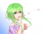 Rating: s Tags: Female, Blue Eyes, Short Hair, Green Hair, Vocaloid, Bubble, Shirt, Straw, Open Mouth, GUMI, Lipstick, Blowing, Alternate Outfit, Nail Polish, Medium Hair, Sidelocks, Shoulder-less Shirt, Pink Nails, Looking At Camera, Gunsitorasu