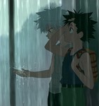 Rating: s Tags: Male, Fanart, Black Hair, Brown Eyes, Short Hair, Rain, White Hair, Wet, Two Males, T-shirt, Hunter x Hunter, Killua Zoldyck, Gon Freaks, Spiky Hair, Duo, Side View, Hand In Hair, Wet Hair, Skullcaps