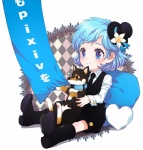 Rating: s Tags: Female, Blue Hair, Blue Eyes, Boots, Short Hair, Animal, Hat, Happy, Sitting, Tie, Dog, Nardack, Pixiv, Top Hat, Sky Blue Hair