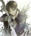 Rating: s Tags: Male, Fanart, Brown Hair, Short Hair, Gloves, Sitting, Weapons, White Background, Pixiv, Solo, Simple Background, Bent Knees, Fanart From Pixiv, Shingeki no Kyojin, Eren Jaeger, Shukichi, Three Dimensional Maneuver Gear