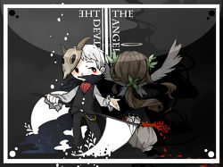 Rating: s Tags: Female, Male, Dress, Wings, Long Hair, Brown Hair, Red Eyes, Short Hair, White Hair, Ponytail, Albino, Gray Hair, Axis Powers: Hetalia, Hungary, Prussia, Duo, Germanic Countries, Lou (Mangaka)