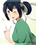 Rating: s Tags: Female, Black Hair, Blue Eyes, Short Hair, Ribbon, Blush, Wink, Headband, Open Mouth, Personification, Solo, V Gesture, Ikari Manatsu, Kantai Collection, Souryuu (Kantai Collection)