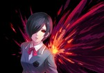 Rating: s Tags: Female, Fanart, Black Hair, Red Eyes, Short Hair, Uniform, Jacket, Bows (Fashion), Blazer, Open Mouth, Pixiv, Peek-a-Boo Bang, Solo, School Uniform, Black Background, Simple Background, Long Sleeves, Red Bow, Buttons, Fanart From Pixiv, Looking At Camera, Black Sclera, Dark Background, Bust, One Eye Showing, Pixiv Id 813141, Gray Jacket, Red Neckwear, Kirishima Touka, Tokyo Kushu, Gray Outerwear, Kagune