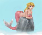 Rating: s Tags: Female, Long Hair, Blue Eyes, Blonde Hair, Mermaid, Jewelry, Super Mario Bros., Blue Background, Earrings, Rocks, Princess Peach, Body Piercing, Simple Background, Okiara