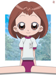 Rating: s Tags: Female, Brown Hair, Brown Eyes, Uniform, Ojamajo Doremi, Sitting, Solo, Text, Smile, Medium Hair, Drawing Error, Sport Uniform, Japanese Text, Looking At Camera, Kudo Mutsumi