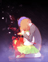 Rating: s Tags: Female, Couple, Male, Fanart, Blue Hair, Brown Hair, Short Hair, Uniform, Skirt, Sad, Shoes, Hug, Crying, Socks, Duo, Holding Close, Baronet, Mawaru Penguindrum, Takakura Shouma, Oginome Ringo