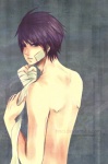 Rating: s Tags: Male, Purple Hair, Bandages, Shirtless (male), Simple Background, Bandaged Hand, Hnci