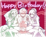 Rating: s Tags: Male, Long Hair, Brown Hair, Short Hair, Birthday, Wink, Crossdressing, Gray Hair, Three Males, Teal Hair, V Gesture, Trio, Text, Holding Close, Uta no☆prince-sama♪, Text: Happy Birthday, Kotobuki Reiji, Mikaze Ai, Kurosaki Ranmaru
