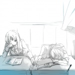 Rating: s Tags: Female, Couple, Fanart, Monochrome, School, Short Hair, Uniform, Sleeping, Eyes Closed, Gray Hair, Sitting, Book, Desk, Pixiv, Drawing (action), Pens, Pencil, Duo, School Uniform, Looking Away, Elsword, Eve (Elsword), Spot Color, Hand On Cheek, Laying Head On Desk, 800x800 Wallpaper, Fanart From Pixiv, 1:1 Ratio, Light Background, One Eye Showing, Pixiv Id 3619000